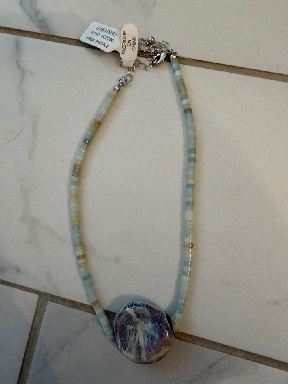 Free People Pastel Blue, Cream Beaded Necklace with Marbled Pendant